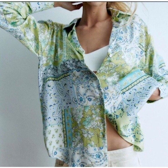 Zara Tops - Zara Satin Effect Silky Floral Paisley Relax Fit Button Down Blouse Size Medium